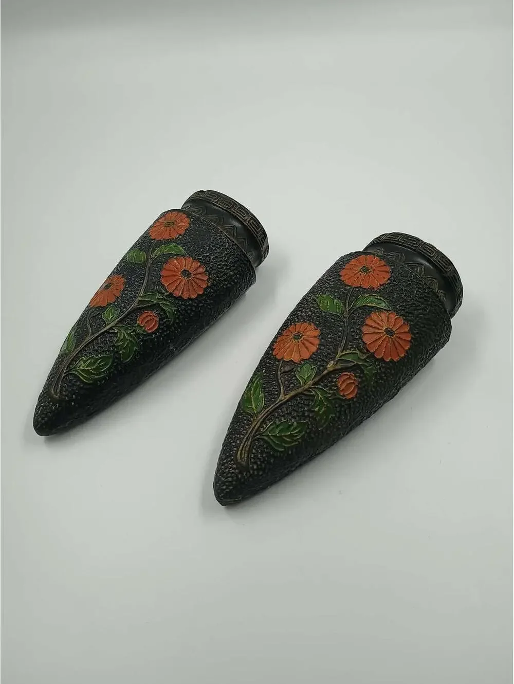 Vintage Japanes Black Wall Sconces with Floral Design - Pair